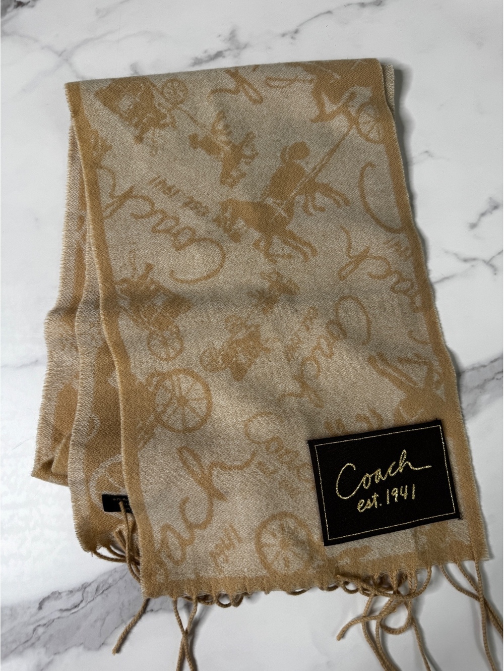 Coach Womens Beige Tan Wool Cashmere Signature Logo Fringe Scarf 10x62